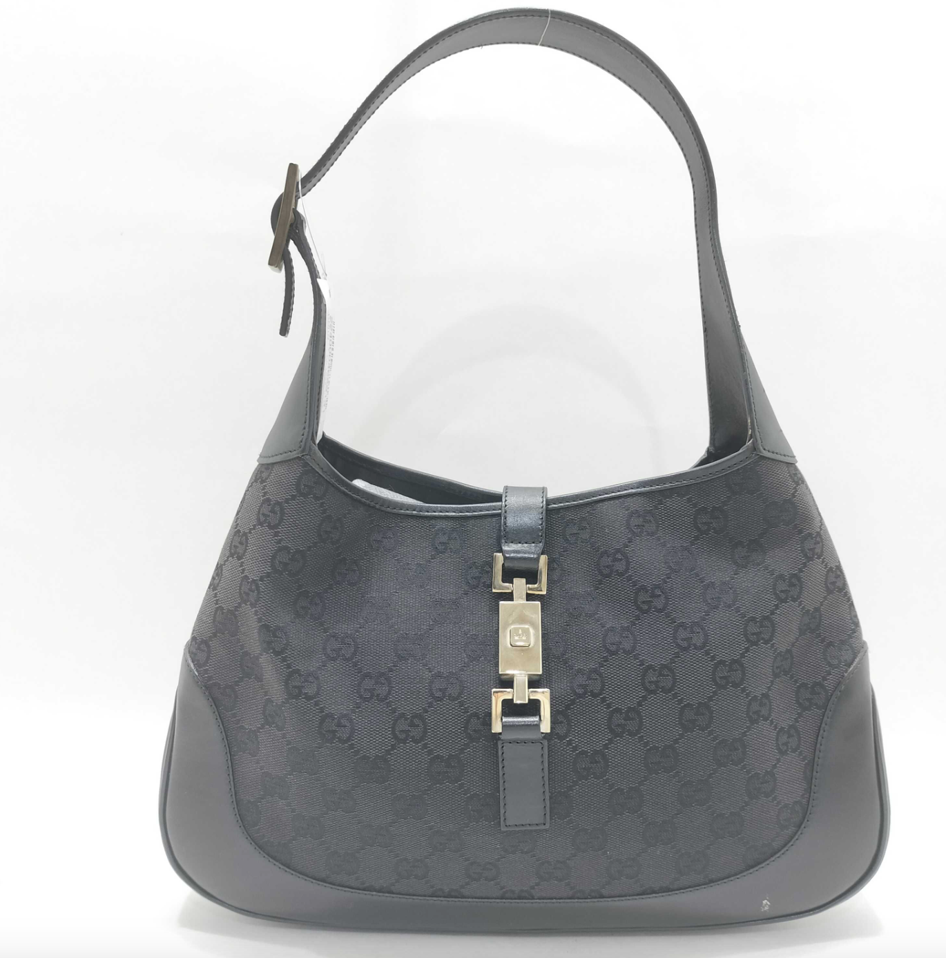 GUCCI JACKIE GG BLACK LEATHER CANVAS SHOULDER BAG - VERY GOOD CONDITION